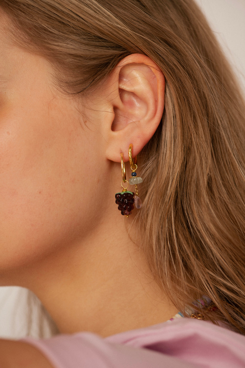 Losse oorbel Grapes - rood & paars